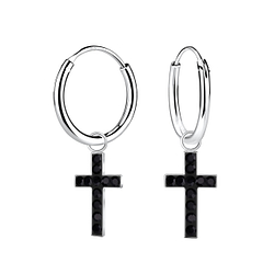 Silver Cross Crystal Charm Hoop Earrings - 15702 Silver Cross Crystal Charm Hoop Earrings - 15702