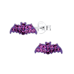 Silver Bat Crystal Stud Earrings - 13035