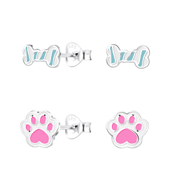 Silver Dog Lover Stud Earrings Set - 16819
