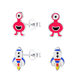 Silver Planet Stud Earrings Set - 16834