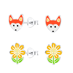 Silver Fox Stud Earrings Set - 16835