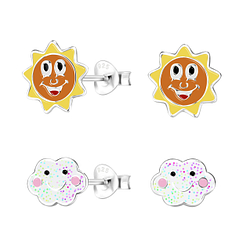 Silver Sun and Cloud Stud Earrings Set - 16836