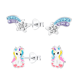 Silver Unicorn Stud Earrings Set - 16839
