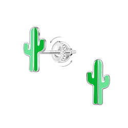 Silver Cactus Screw Back Earrings - 17387
