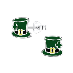 Silver Green Hat Stud Earrings - 17083