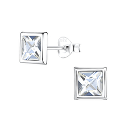 Silver Square Crystal Stud Earrings - 17552