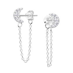 Silver Half Moon Crystal Stud Earrings With Chain - 10307
