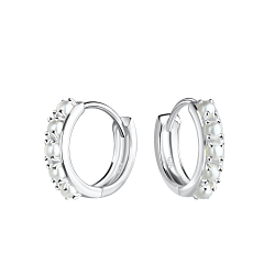 12mm Silver Pearl Huggie Earrings - 17849