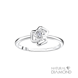Silver Rose Flower Adjustable Ring With Natural Diamond - 17058