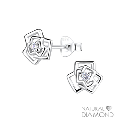 Silver Rose Flower Stud Earrings With Natural Diamond - 17060