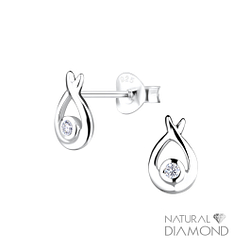 Silver Tear Drop Stud Earrings With Natural Diamond - 17063