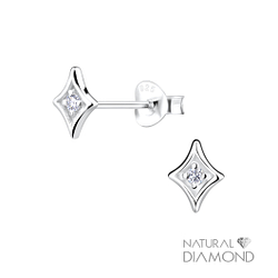 Silver Diamond Shaped Stud Earrings With Natural Diamond - 14987