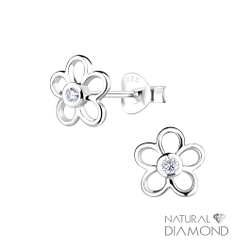 Silver Flower Stud Earrings With Natural Diamond - 17070