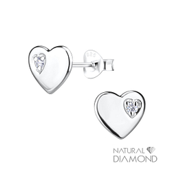 Silver Heart Stud Earrings With Natural Diamond - 14989