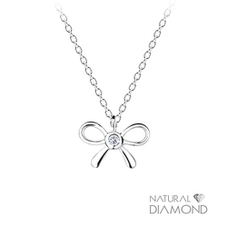 Silver Bow Necklace With Natural Diamond - 15828