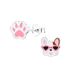 Silver Paw Print and French Bulldog Stud Earrings - 18570