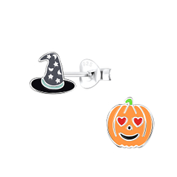Silver Witch Hat and Pumpkin Stud Earrings - 18589 Silver Witch Hat and Pumpkin Stud Earrings - 18589