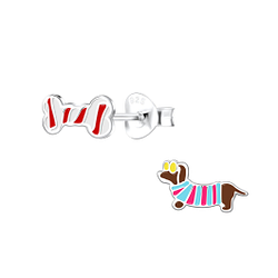 Silver Bone and Dachshund Dog Stud Earrings - 18590