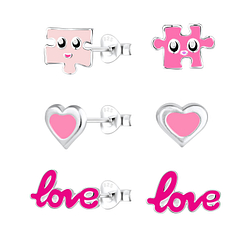 Silver Pink Lover Stud Earrings Set - 18554