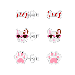 Silver Dog Lover Stud Earrings Set - 18556