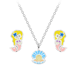 Silver Mermaid Necklace and Stud Earrings Set - 18621