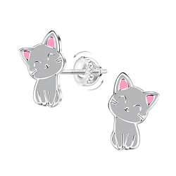 Silver Cat Screw Back Earrings - 16994