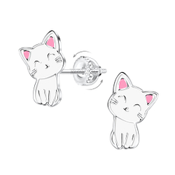 Silver Cat Screw Back Earrings - 6235