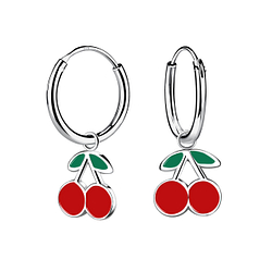 Silver Cherry Charm Hoop Earrings - 19584