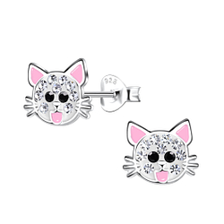 Silver Cat Stud Earrings - 19920