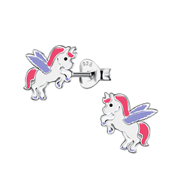 Silver Winged Unicorn Stud Earrings - 20115