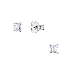 3mm Square Cubic Zirconia Silver Stud Earrings - 20158
