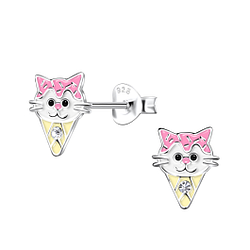 Silver Cat Ice Cream Stud Earrings - 20378