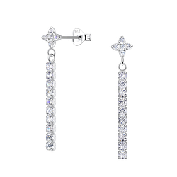 Silver Flower Stud Earrings with Hanging Tennis Chain - 20529