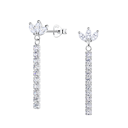 Silver Flower Stud Earrings with Hanging Tennis Chain - 20533
