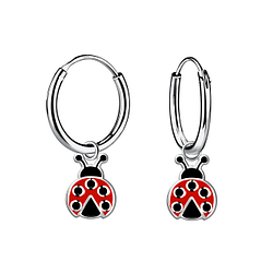 Silver Ladybug Charm Hoop Earrings - 20831