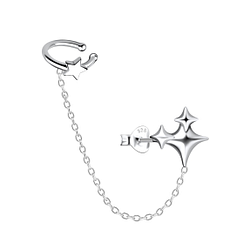 Silver Triple Star Stud Earrings and Ear Cuff with Chain - 20931