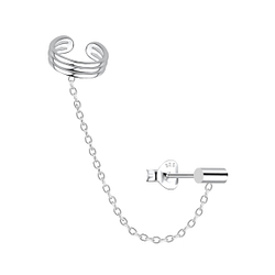 Silver Bar Stud Earrings and Pattern Ear Cuff with Chain - 20932