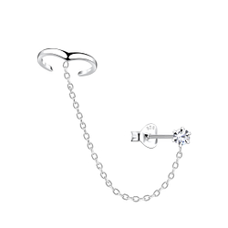 3mm Crystal Silver Stud Earrings and Chevron Ear Cuff with Chain - 20933