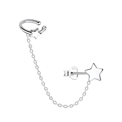 Silver Star Stud Earrings and Ear Cuff with Chain - 20935