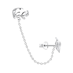 Silver Leaf Stud Earrings and Ear Cuff with Chain - 20938