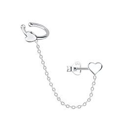 Silver Heart Stud Earrings and Ear Cuff with Chain - 20941