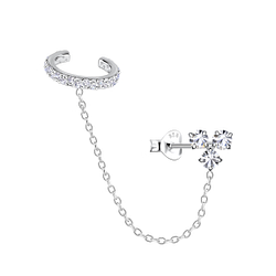 Silver Three Stones Stud Earrings and Eternity Ear Cuff with Chain - 20943