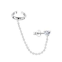4mm Trillion Cubic Zirconia Silver Stud Earrings and Patterned Ear Cuff with Chain - 20944