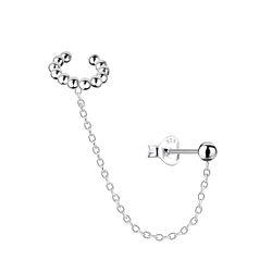 Silver Ball Stud Earrings and Ear Cuff with Chain - 20945