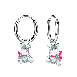 Silver Hippopotamus Charm Hoop Earrings - 20874