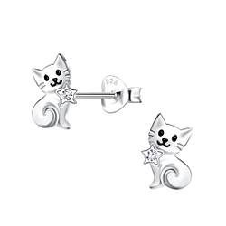 Silver Cat Stud Earrings - 21249
