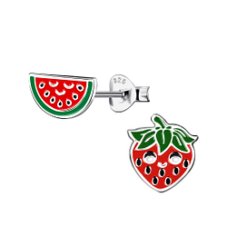 Silver Strawberry and Watermelon Stud Earrings - 17842