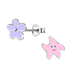 Silver Starfish and Flower Stud Earrings - 20355