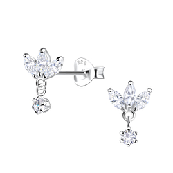 Silver Flower Stud Earrings with Hanging Stone - 21184
