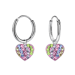 Silver Heart Crystal Charm Hoop Earrings - 21415